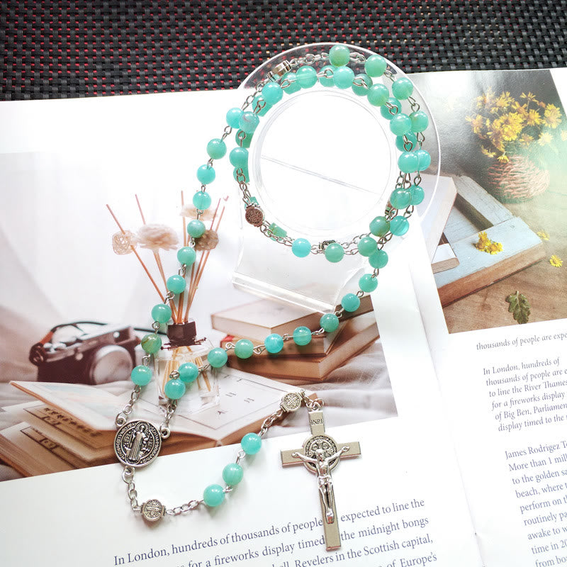 Olivenorma Amazonite Medal Cross Rosary Pendant Necklace