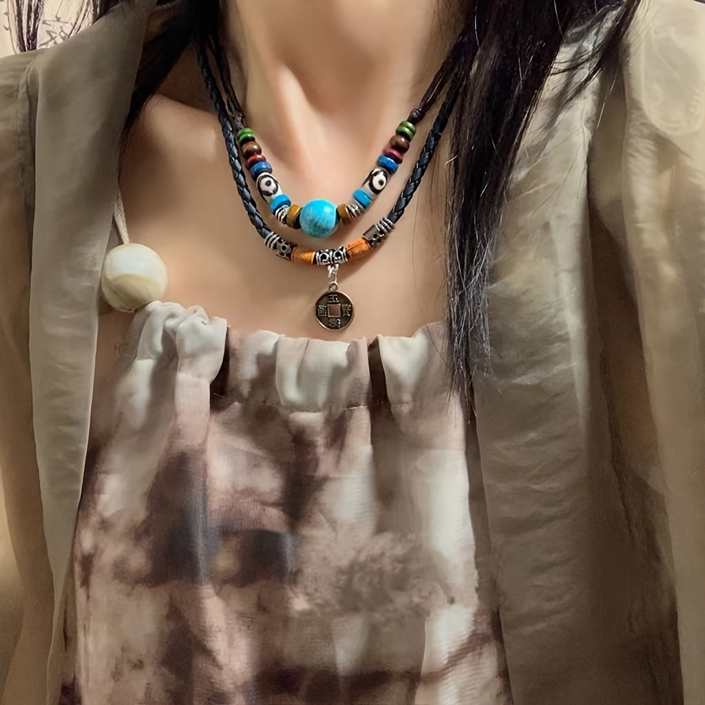 Adjustable Coconut Shell Necklace Turquoise Stone Lucky Coin Pendant