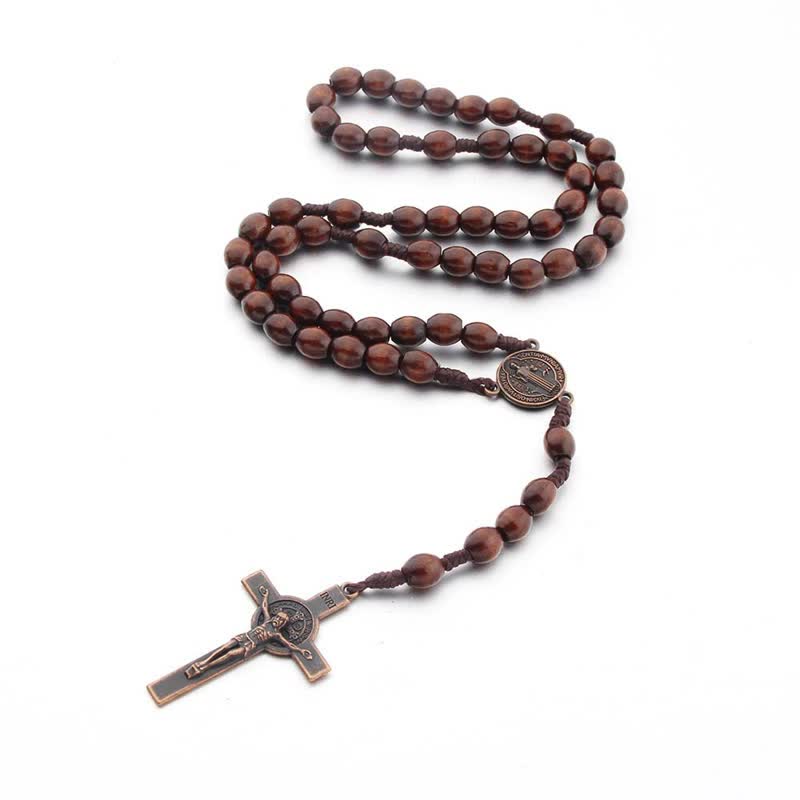 Olivenorma Knitted Vintage Cross Wood Rosary Necklace
