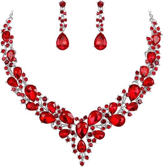 Ruby Crystal Cluster White Gold Jewelry Set