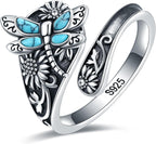 Sterling Silver Turquoise Spoon Ring – Vintage Boho Wrap Ring with Dragonfly