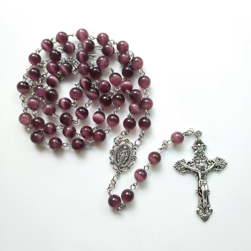 Olivenorma Purple Cat's Eye Stone Cross Rosary Necklace
