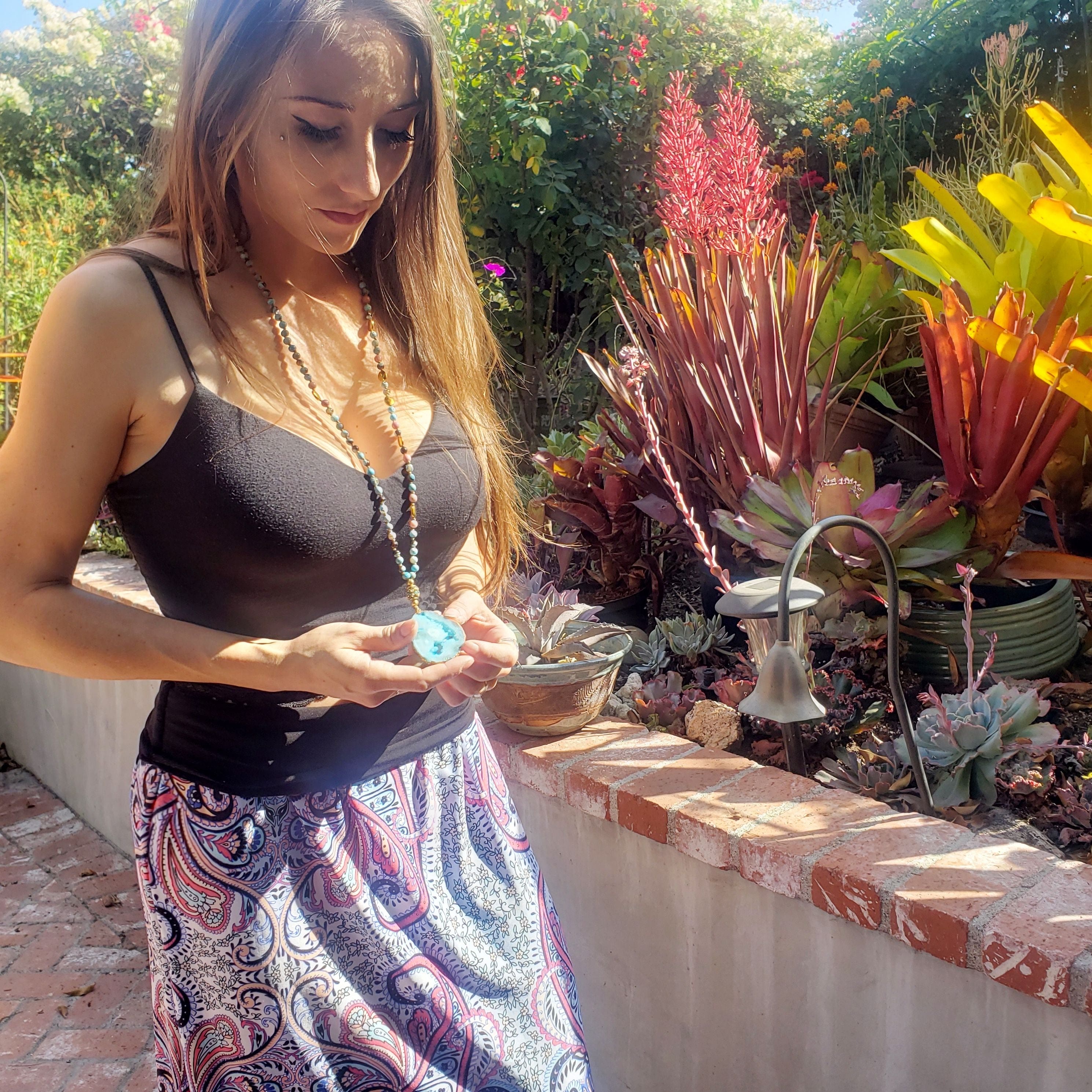 Olivenorma Natural Aquamarine Lepidolite Crystal Mala Bead Necklace