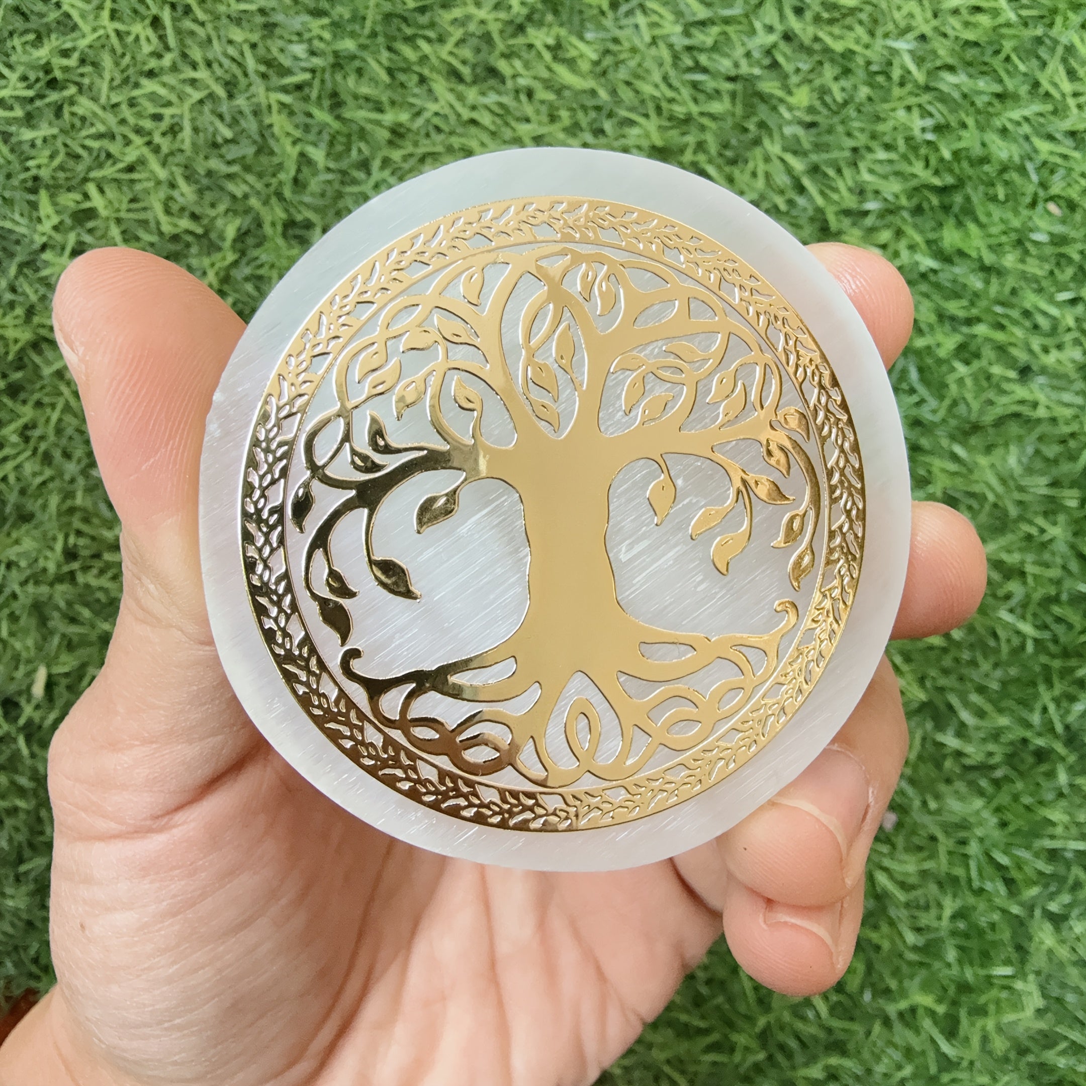 Selenite Engraved Tree of Life Plate 6Cm Selenite Slab Gift