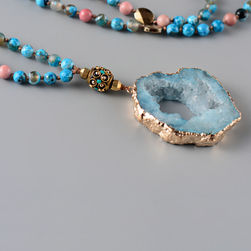 Olivenorma Natural Aquamarine Lepidolite Crystal Mala Bead Necklace