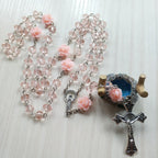 Olivenorma Rose Quartz Jesus Cross Pendant Rosary Necklace