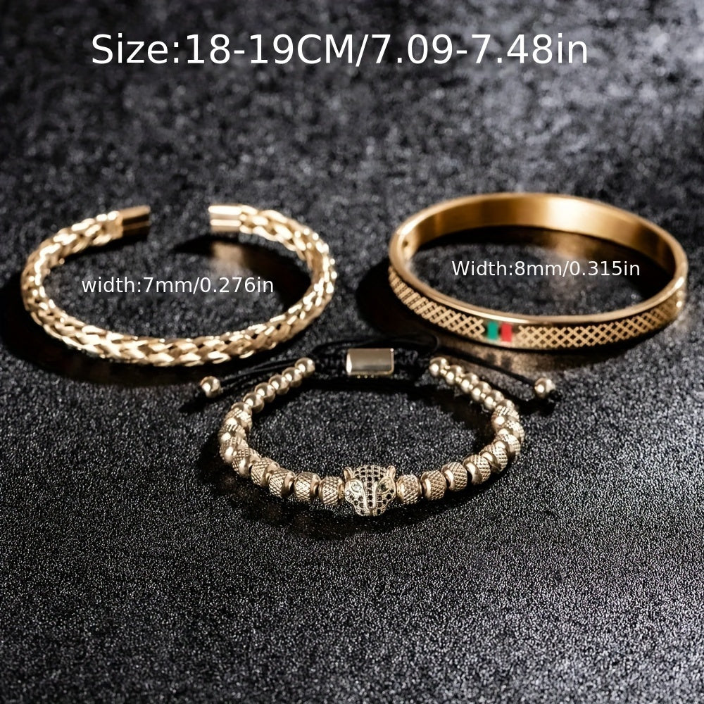 Men's Braided CZ Leopard Head Bracelet Stainless Steel Jewelry