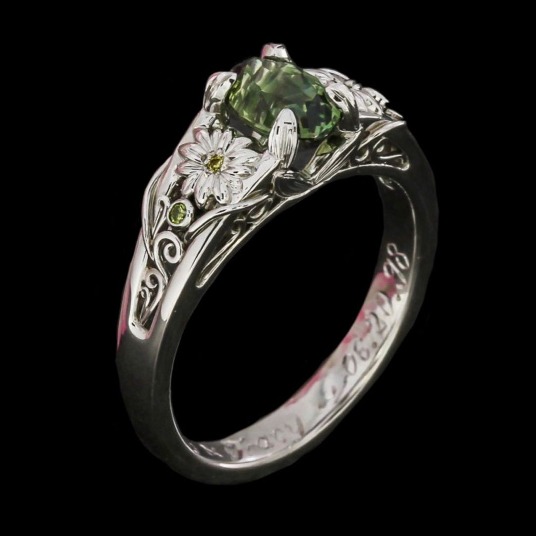 Olive Flower Glass Silver Ring