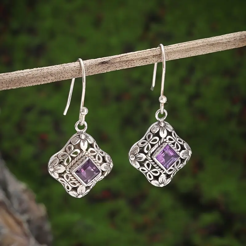 Purple Glass Silver Earrings