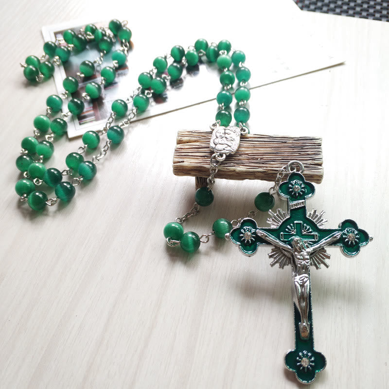 Olivenorma Green Cat's Eye Stone Cross Rosary Necklace