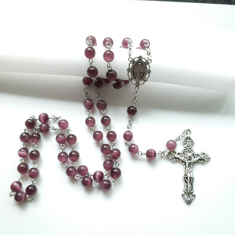 Olivenorma Purple Cat's Eye Stone Cross Rosary Necklace