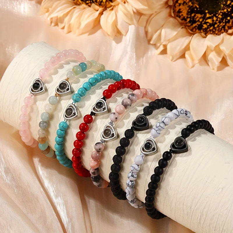 Custom Projection Bracelet Beaded Heart Charm Couple's Memory