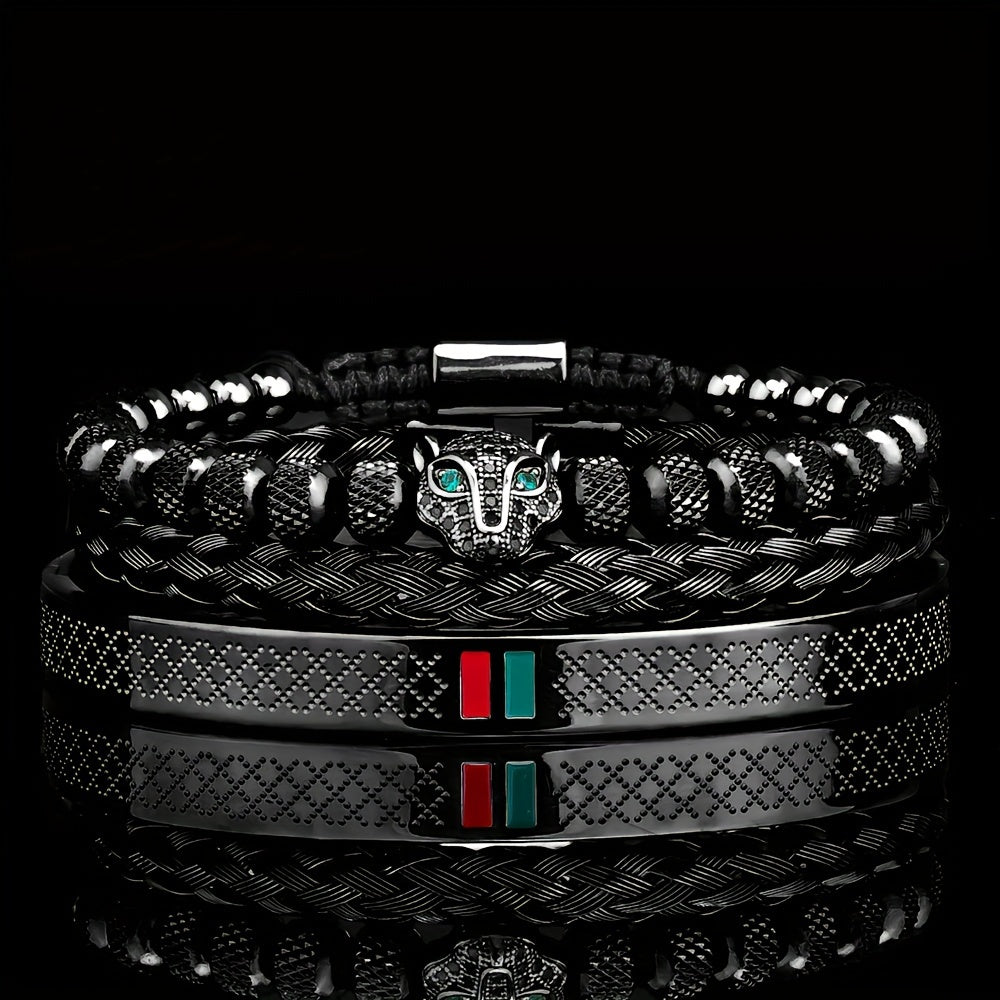 Men's Braided CZ Leopard Head Bracelet Stainless Steel Jewelry