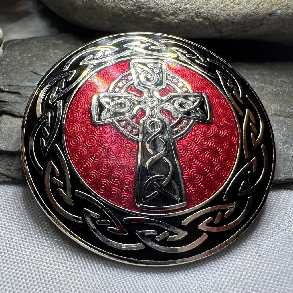 Enamel Celtic Cross Round Brooch