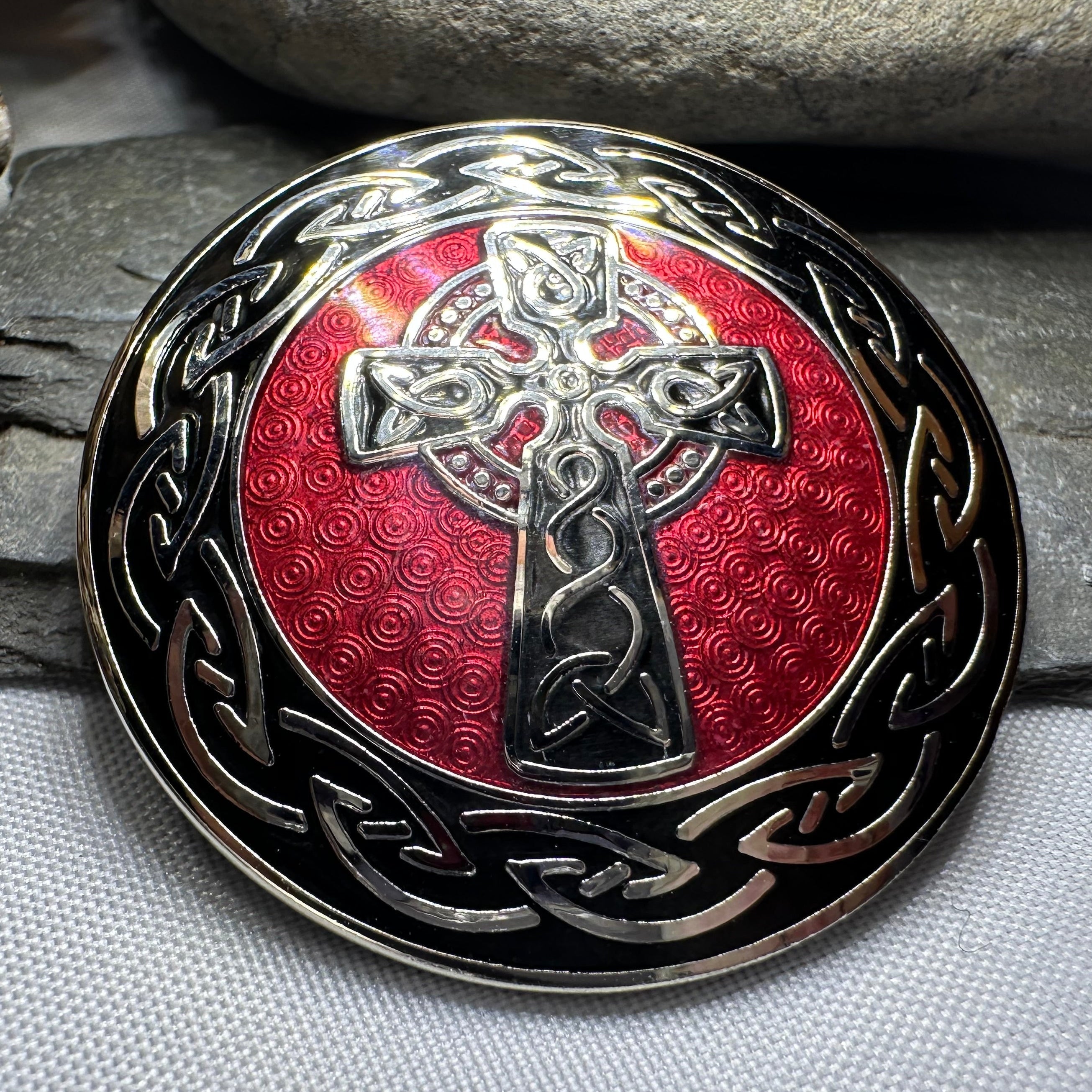 Enamel Celtic Cross Round Brooch