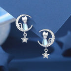 Silver Moon & Star Cat Earrings With Zircon