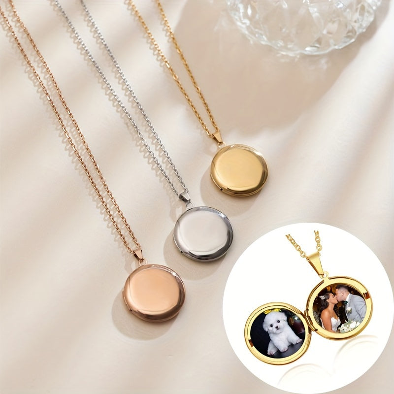 Stainless Steel Photo Box Necklace with Melon Button - Customized Pendant
