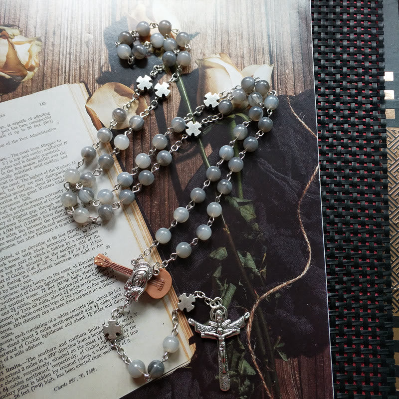 Olivenorma Gray Moonstone Jesus Cross Rosary Necklace