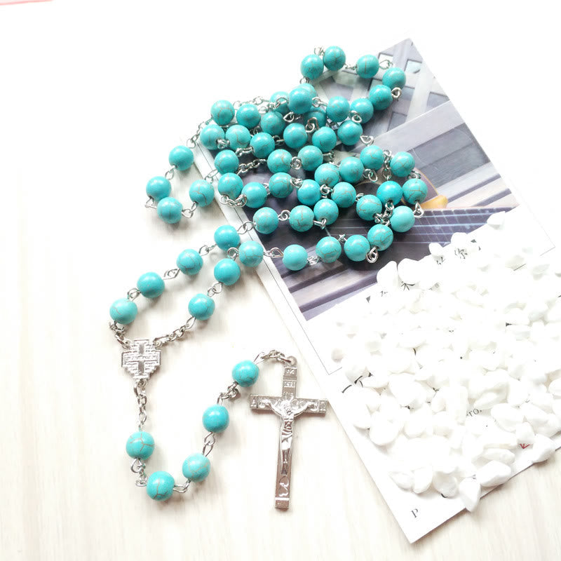 Olivenorma Turquoise Cross Charm Rosary Necklace
