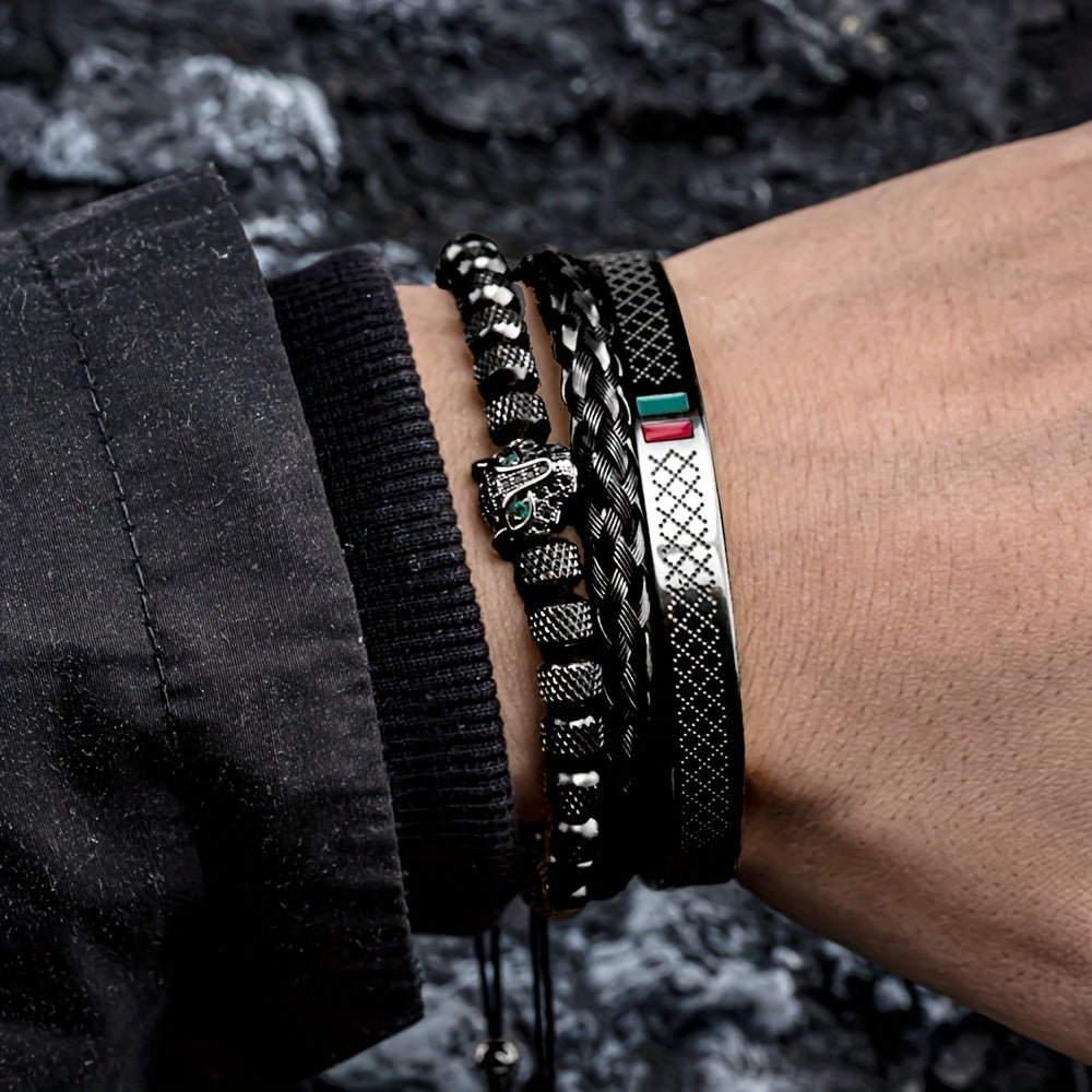 Men's Braided CZ Leopard Head Bracelet Stainless Steel Jewelry