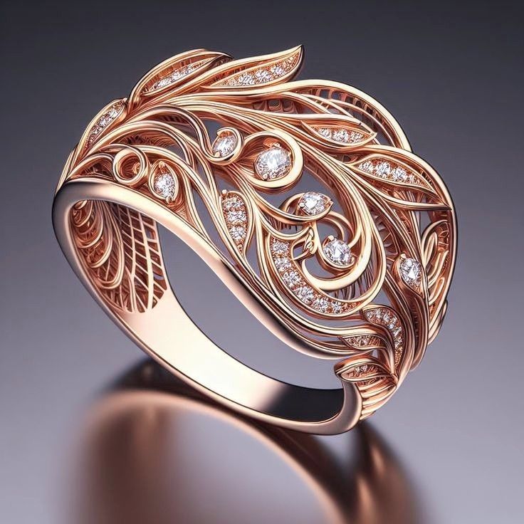 Exotic Feather Zirconia Gold Ring