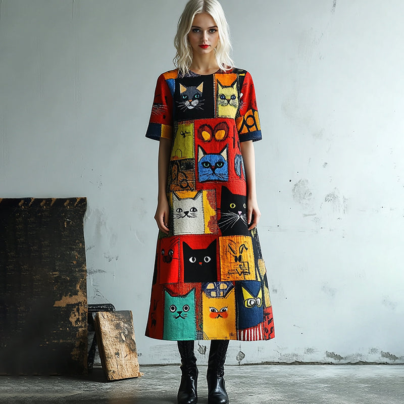 Millicent - Patchwork Cat Dress