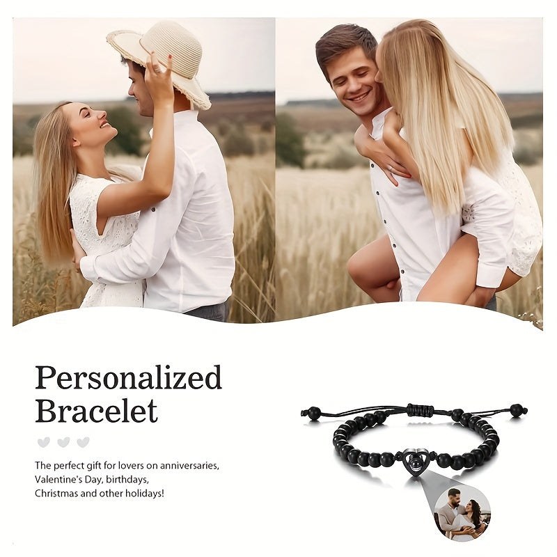 Custom Projection Bracelet Beaded Heart Charm Couple's Memory