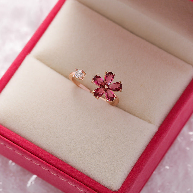 Adjustable Red Crystal Flower Ring in Red Crystal in Gold