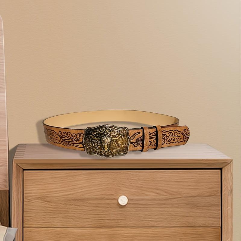 Vintage Western Embossed Bull Head Buckle Belt for Jeans and Dress