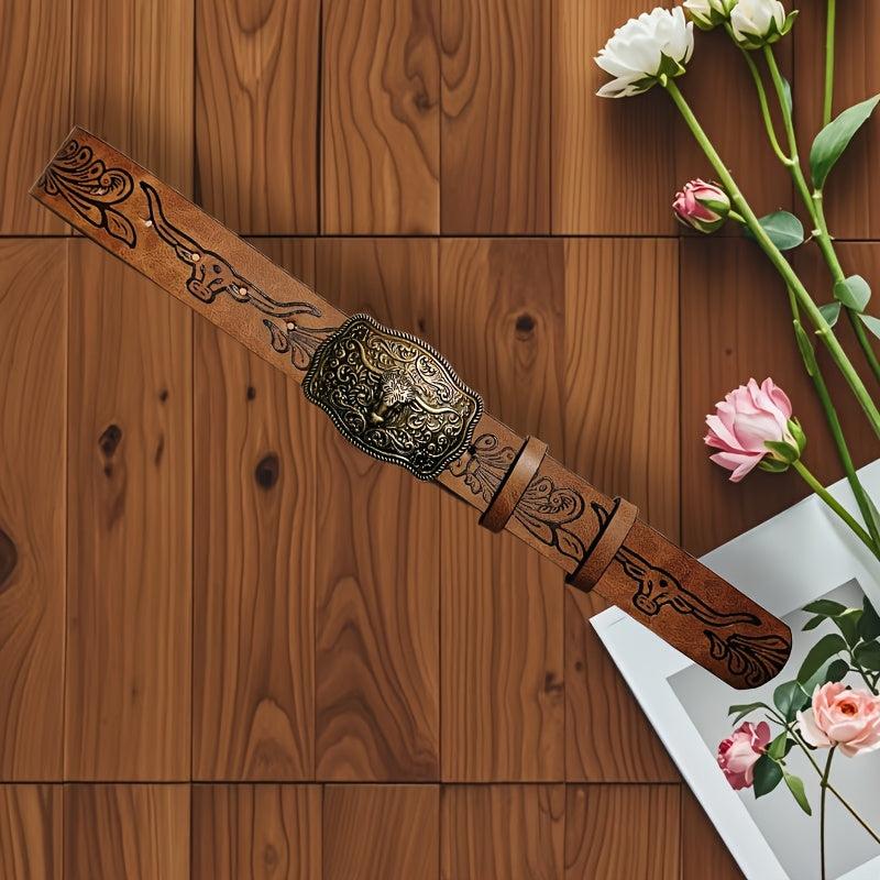 Vintage Western Embossed Bull Head Buckle Belt for Jeans and Dress