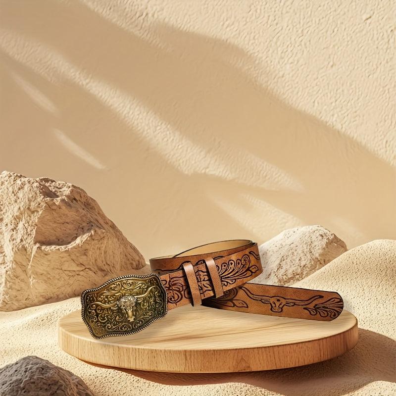 Vintage Western Embossed Bull Head Buckle Belt for Jeans and Dress