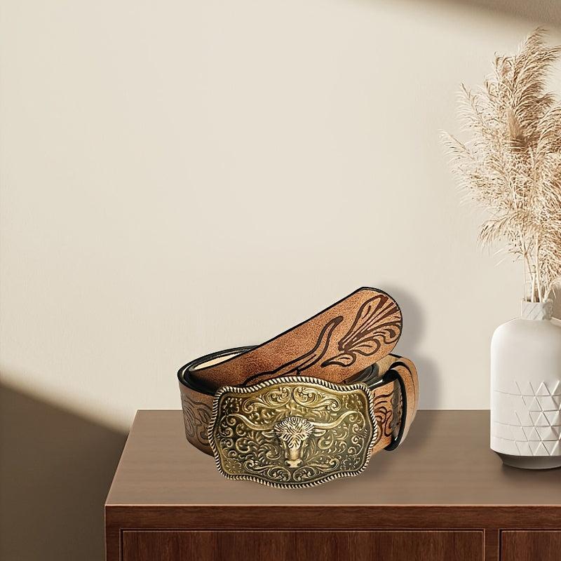 Vintage Western Embossed Bull Head Buckle Belt for Jeans and Dress