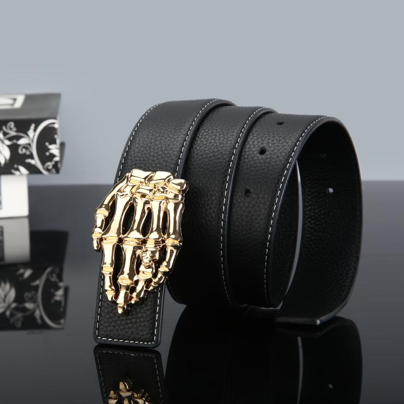Men's Leather Belt with Golden Tone Finger Shaped Buckle