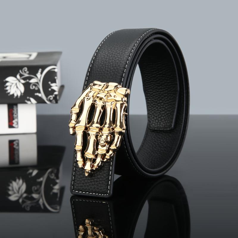 Men's Leather Belt with Golden Tone Finger Shaped Buckle