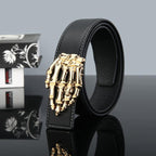 Men's Leather Belt with Golden Tone Finger Shaped Buckle