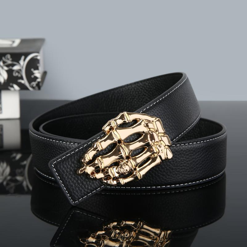 Men's Leather Belt with Golden Tone Finger Shaped Buckle