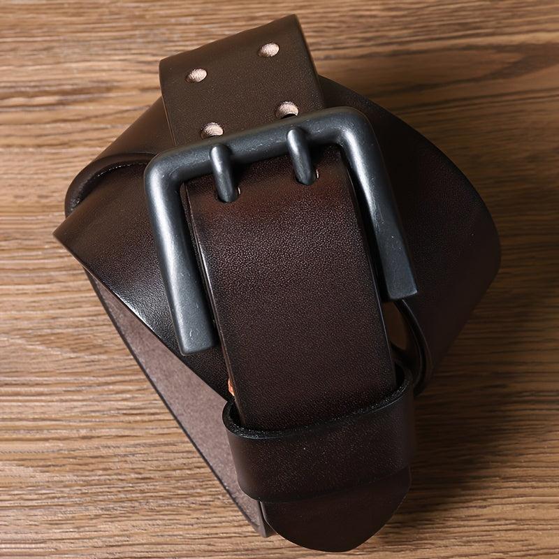 Men's Funky Style Double Prong Buckle Belt Top Layer Cowhide Leather