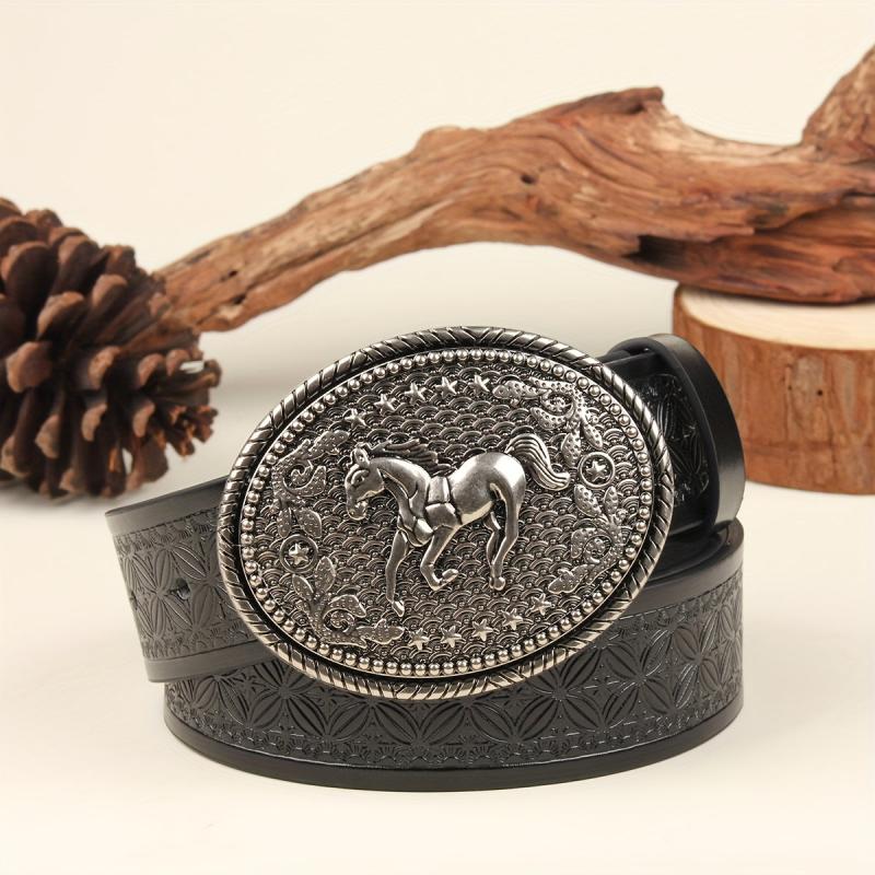 Western Horse Head Buckle Leather Belt with Alloy Horse Head