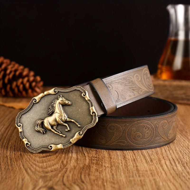 Western Horse Head Buckle Leather Belt with Alloy Horse Head