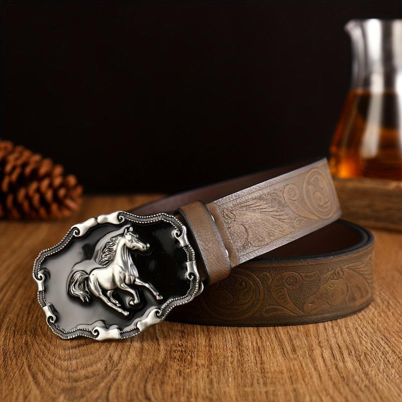 Western Horse Head Buckle Leather Belt with Alloy Horse Head