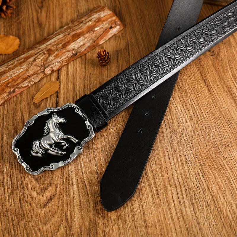 Western Horse Head Buckle Leather Belt with Alloy Horse Head