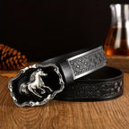 Western Horse Head Buckle Leather Belt with Alloy Horse Head
