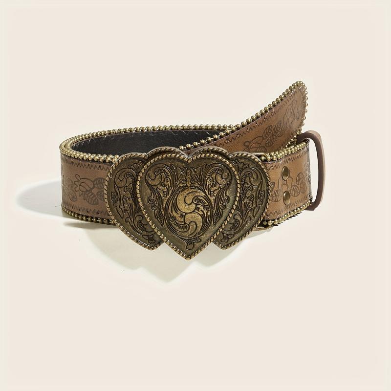 Vintage Inspired Women's Belt with Heart Buckle Distressed Brown