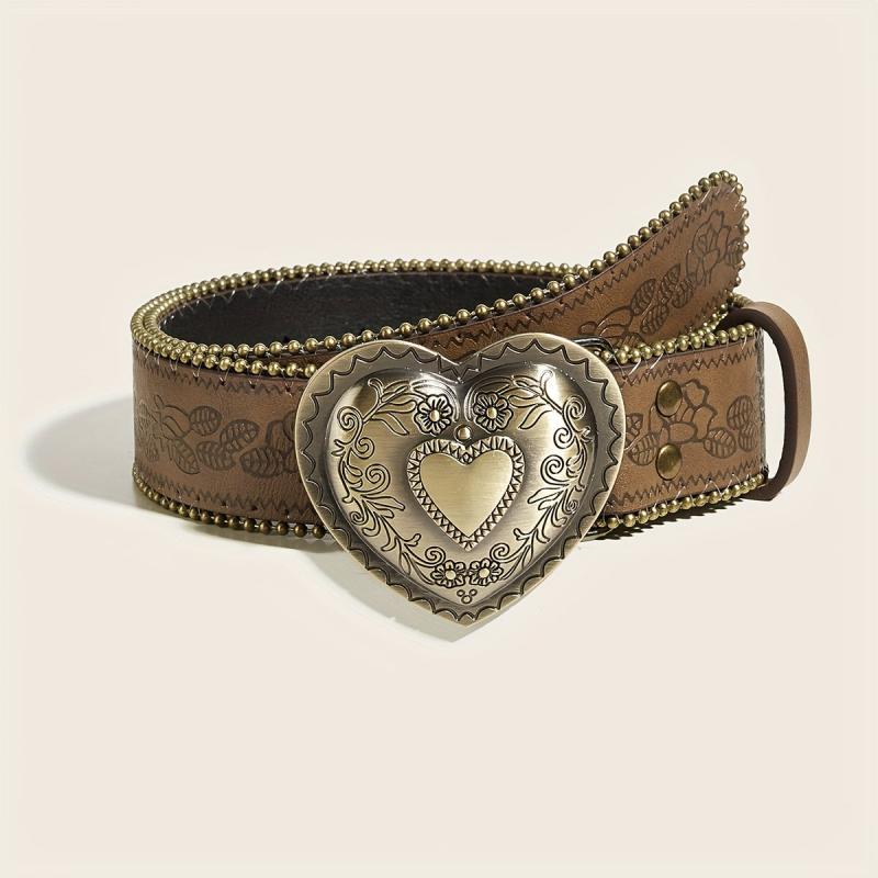 Vintage Inspired Women's Belt with Heart Buckle Distressed Brown