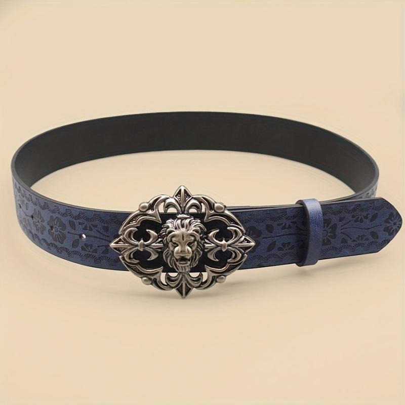 Vintage Bohemian Lion Buckle Belt Golden Tone Lion Head with Floral Patterns