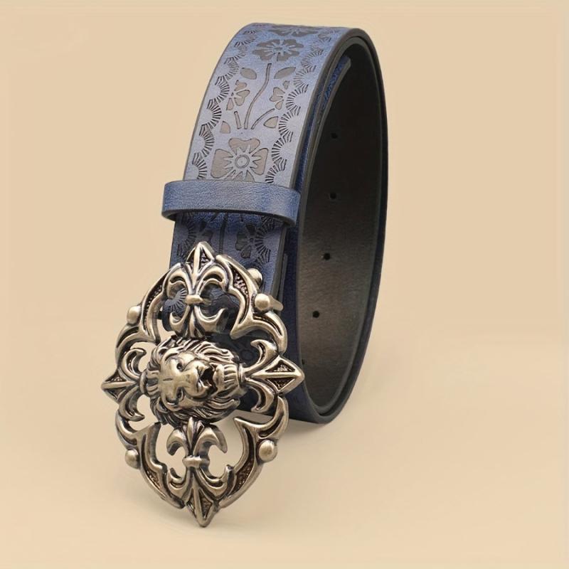 Vintage Bohemian Lion Buckle Belt Golden Tone Lion Head with Floral Patterns