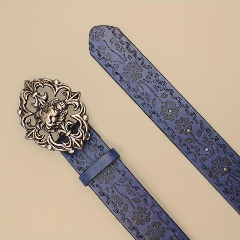Vintage Bohemian Lion Buckle Belt Golden Tone Lion Head with Floral Patterns