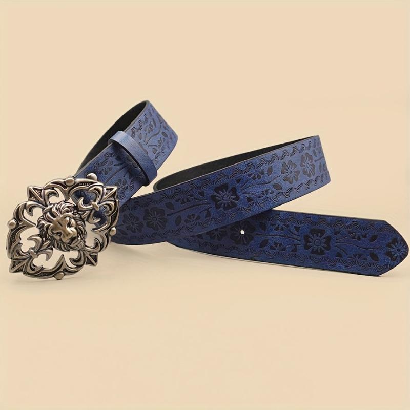 Vintage Bohemian Lion Buckle Belt Golden Tone Lion Head with Floral Patterns