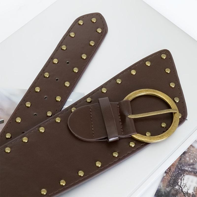 Vintage Brown Faux Leather Belt with Studs Wide Retro Style