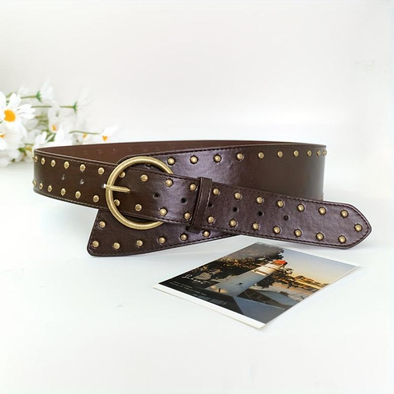 Vintage Brown Faux Leather Belt with Studs Wide Retro Style